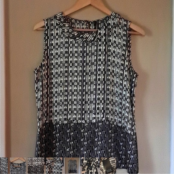 100% Silk Sleeveless Blouse Black and White with Geometric Print - Picture 10 of 10